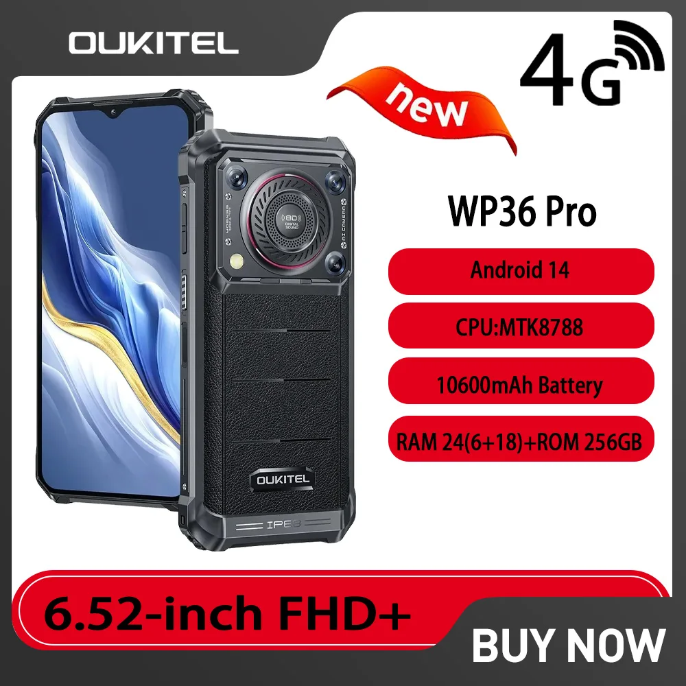 Oukitel WP36 Pro Rugged Phone 6.52 HD 60Hz 6GB RAM+256GB ROM MTK8788 10600mAh Mobile Phone Android 13 13MP Camera Cellphone NFC