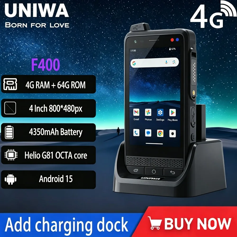 UNIWA F400 Rugged PDA 4G Global Public Network Walkie-Talkie Zello Phone Android15 Detachable 4350mAh 4.0 NFC Add Charging Dock