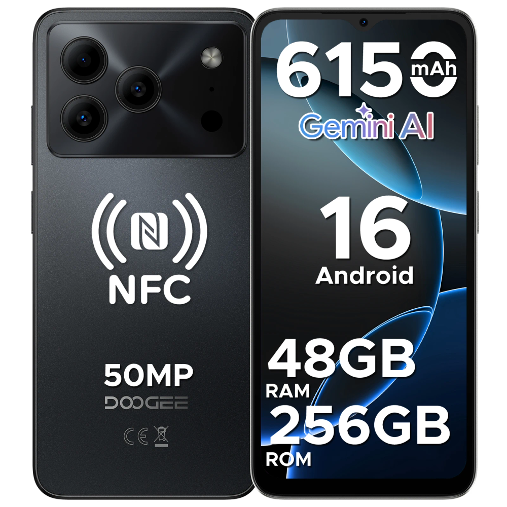 DOOGEE Note56 Plus Smart Phone Android 16 Cell Phone 6.56'' HD+ 90Hz Display 48GB+256GB 6150mAh Large Battery UNISOC T7225 NFC