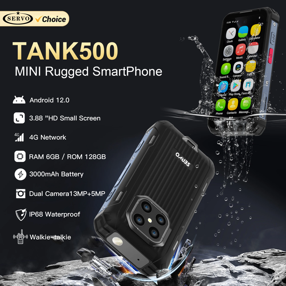 SERVO TANK500 IP68 Waterproof Mini Smart Phone 4G LTE Android 12 RAM 6GB ROM 128GB PTT Network Intercom Small Rugged Smartphones SERVO TANK500 IP68 Waterproof Mini Smart Phone 4G LTE Android 12 RAM 6GB ROM 128GB PTT Network Intercom Small Rugged Smartphones