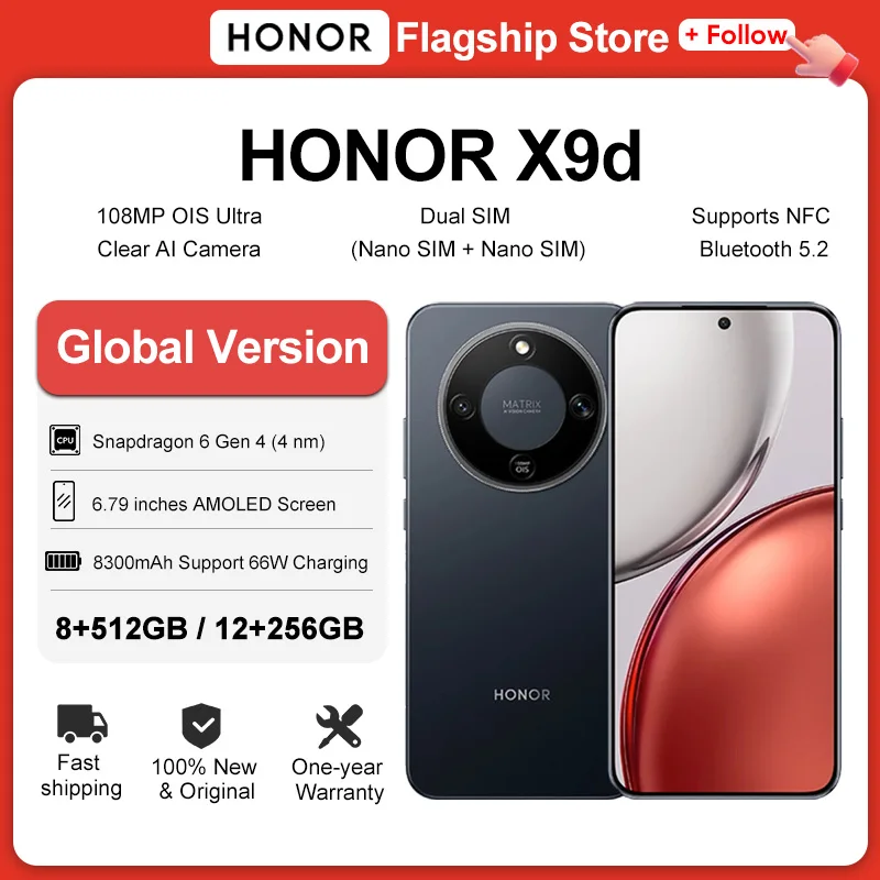 HONOR X9d Global Version 6.79" AMOLED Display 108MP Dual AI Cameras 8300mAh Battery Support 66W Fast Charging Android15 Dual SIM HONOR X9d Global Version 6.79" AMOLED Display 108MP Dual AI Cameras 8300mAh Battery Support 66W Fast Charging Android15 Dual SIM