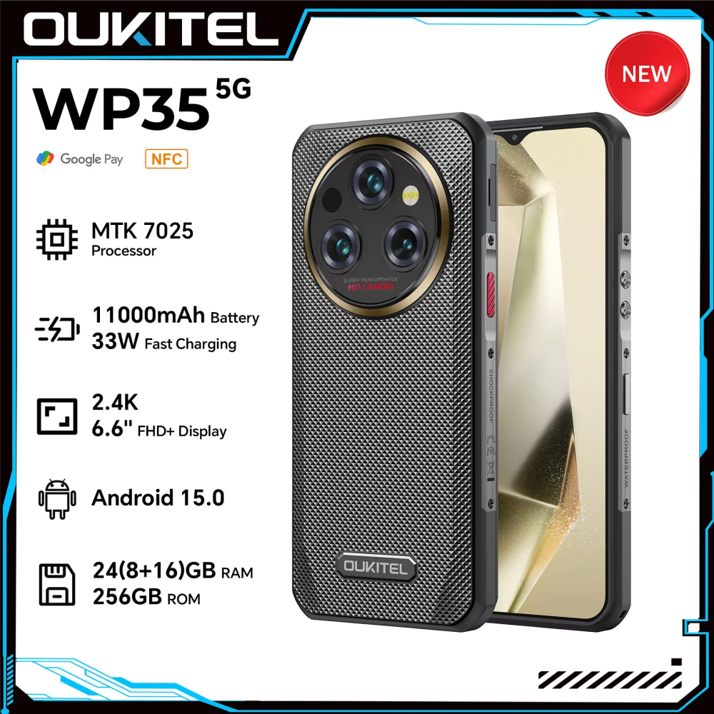 Oukitel WP35 Rugged Phone MTK 7025, 5G, 11000mAh, 6.6" FHD+, 24GB + 256GB, 108MP, NFC Android 15 Smartphone