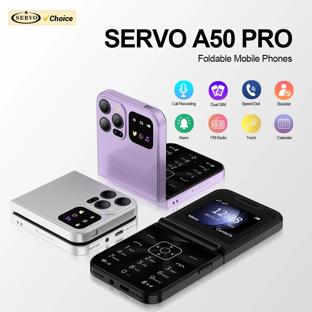 SERVO A50 PRO Flip Mobile Phone 2G GSM 2.4" Display Auto Call Recorder Speed Dial 2 SIMs Foldable Telephones Official Authentic SERVO A50 PRO Flip Mobile Phone 2G GSM 2.4" Display Auto Call Recorder Speed Dial 2 SIMs Foldable Telephones Official Authentic