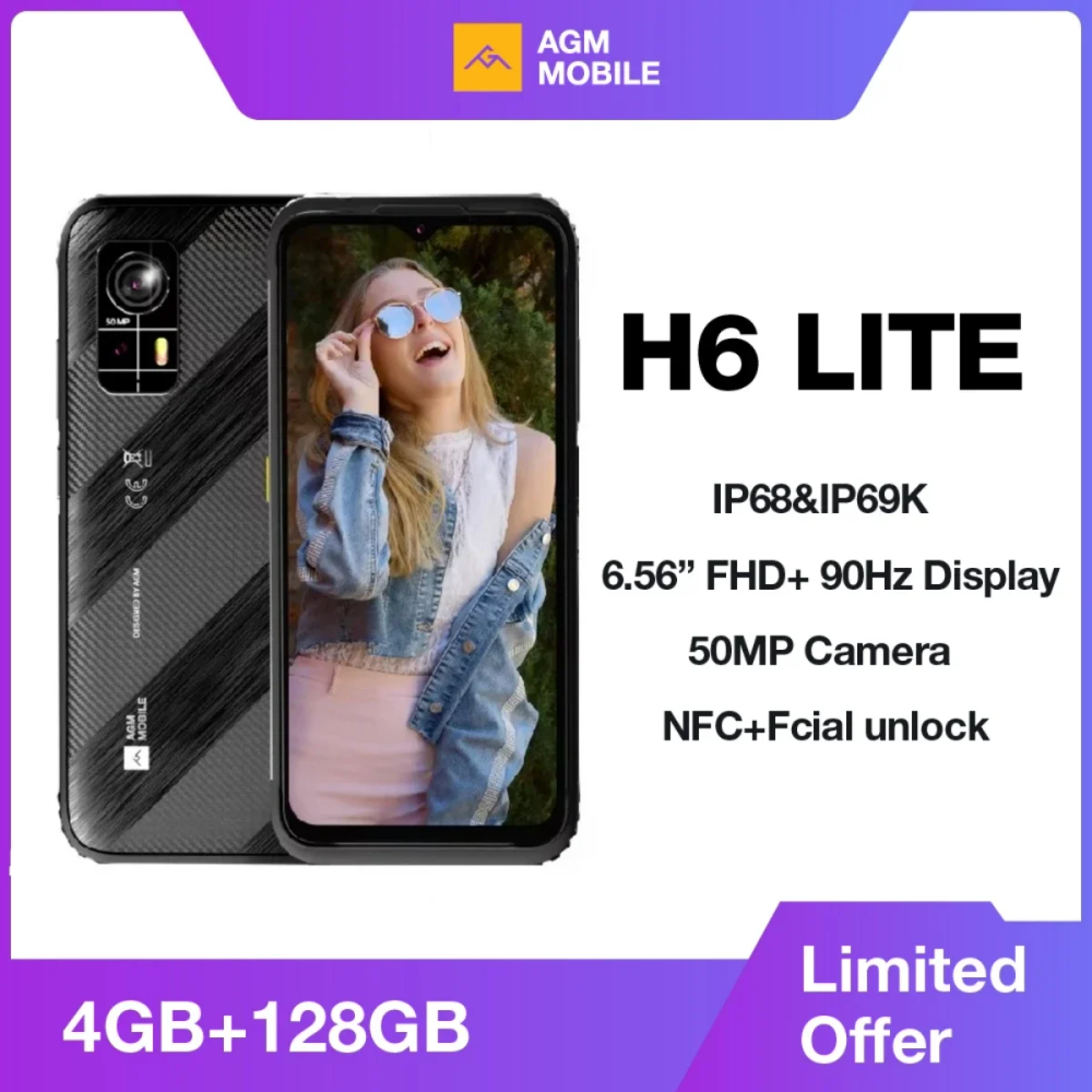 AGM H6 Lite Rugged Smartphone,4GB + 128GB,50MP Camera, 6.56 "HD+ IPS Display, IP68, IP69K, 4900mAh, NFC AGM H6 Lite Rugged Smartphone,4GB + 128GB,50MP Camera, 6.56 "HD+ IPS Display, IP68, IP69K, 4900mAh, NFC