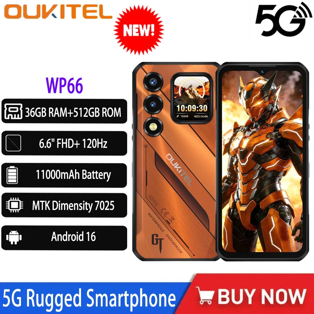 OUKITEL WP66 11000mAh 5G Rugged Smartphone Dimensity 7025 Octa-core 36GB+512GB 6.6" FHD+ 1.81 " Dual Screen 120Hz 108MP NFC GPS
