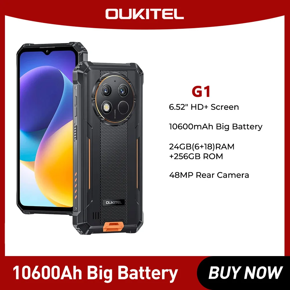 Oukitel G1 Rugged smartphone 6.52' HD+ 10600mAh 24GB+256GB Android14 48MP Camera cellphone