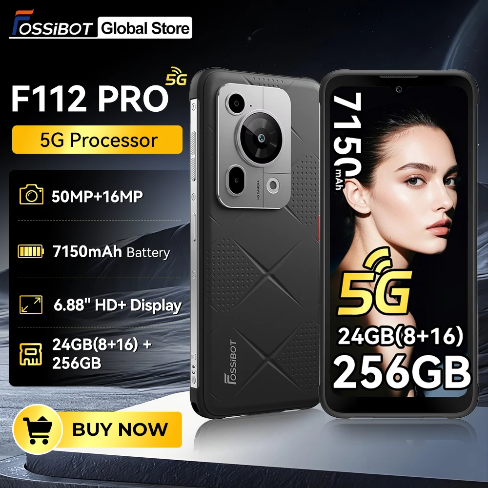 Fossibot F112 Pro 5G Android 14 Rugged Smartphone 24GB(8+16) 256GB 6.88" HD+ 7150mAh Mobile Phone 50MP Camera NFC Cellphone