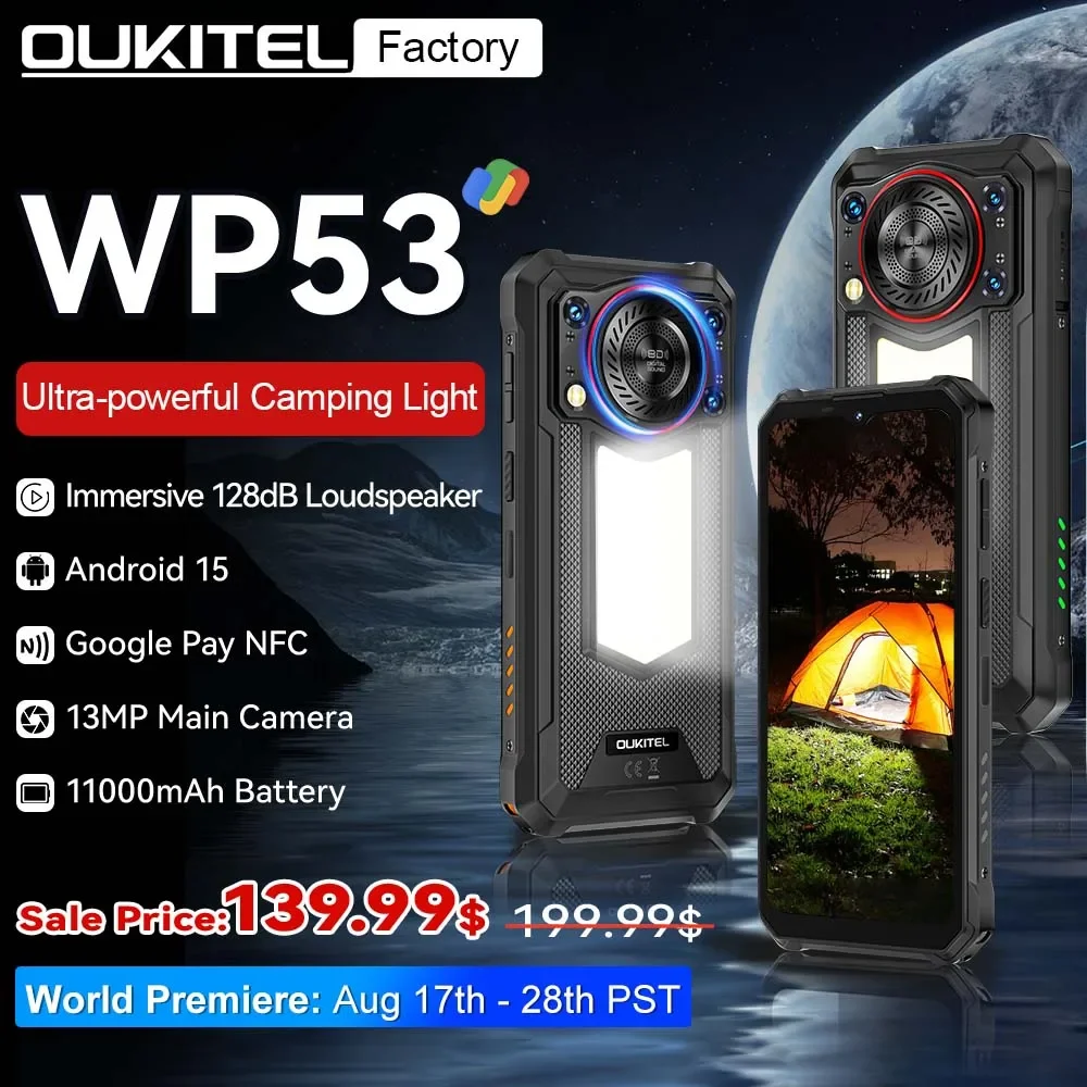Oukitel WP53 Rugged Smartphone Android 15 6.52" HD Camping Light Telephone Portable 24G(8+16)+128GB 11000mAh 13MP Camera 18W NFC