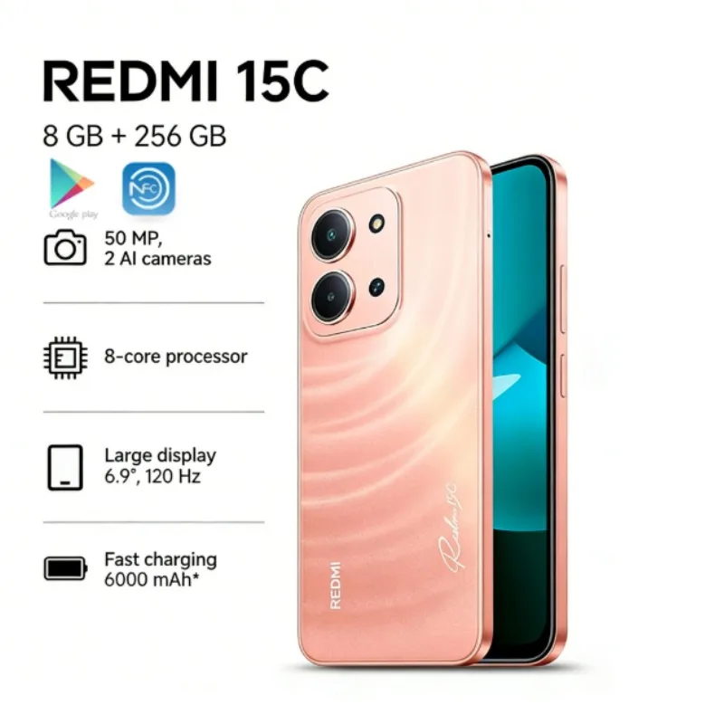 2026 Latest Model Redmi 15C Dual-SIM Smartphone 8+256GB Global Version 6.5-inch FHD Display MediaTek Helio G85 Gaming-Optimized