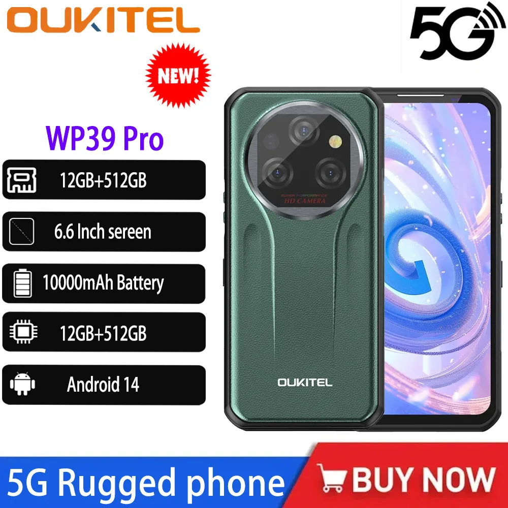 Oukitel WP39 PRO 5G Rugged Smartphone 11000mAh 6.6 Dimensity 6300 IP68/IP69K 12GB+512GB Mobile Phones 64MP Android 14 NFC Phone