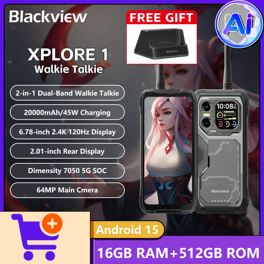 Blackview XPLORE 1 Walkie Talkie 5G AI Rugged Phone 2.1"Rear Screen 16GB+512GB Dimensity 7050 5G 64MP 20000mAh 55W Android 15