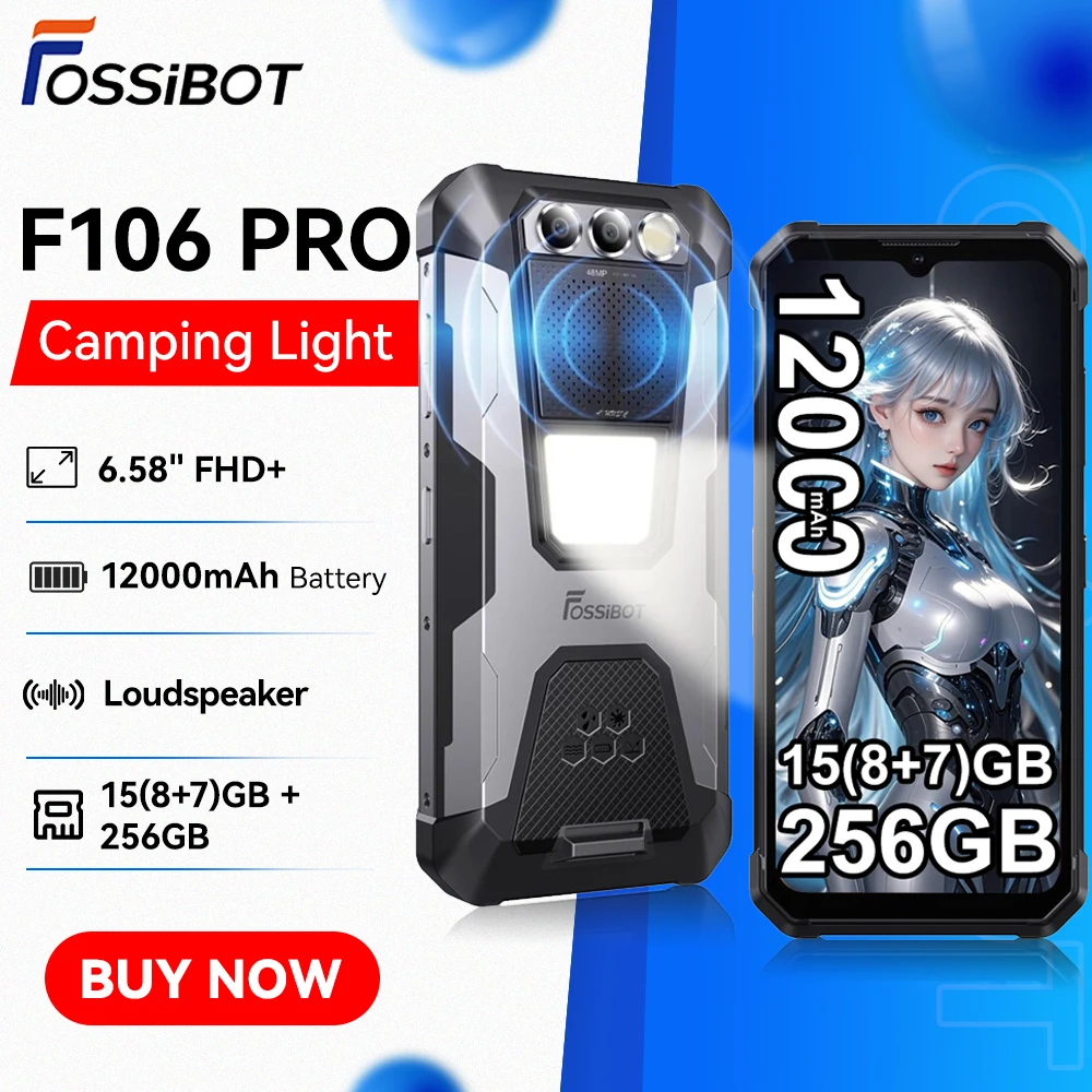 FOSSiBOT F106 Pro Rugged Smartphone 8GB RAM 256GB ROM 12000mAh 6.58 Display Android 14 Loud Speaker Camping Light Cellphone