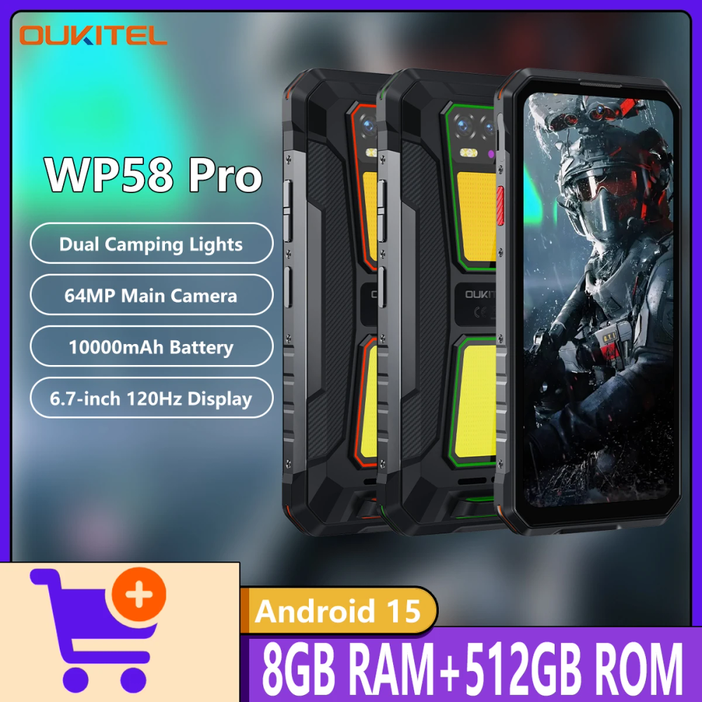 OUKITEL WP58 PRO 5G Rugged Phone 6.7120Hz Screen 8GB+512GB Dual 900-Lumen Camping light 10000mAh 33W NFC Android 15 Smartphone