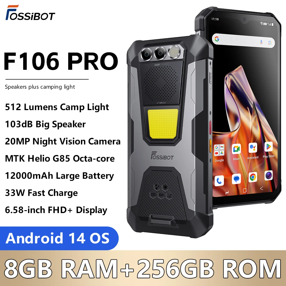 FOSSiBOT F106 PRO MTK G85,Android 14,15GB(8+7GB Extended) 256GB ROM Rugged Smartphone,12000mAh Battery 48MP Camera,NFC