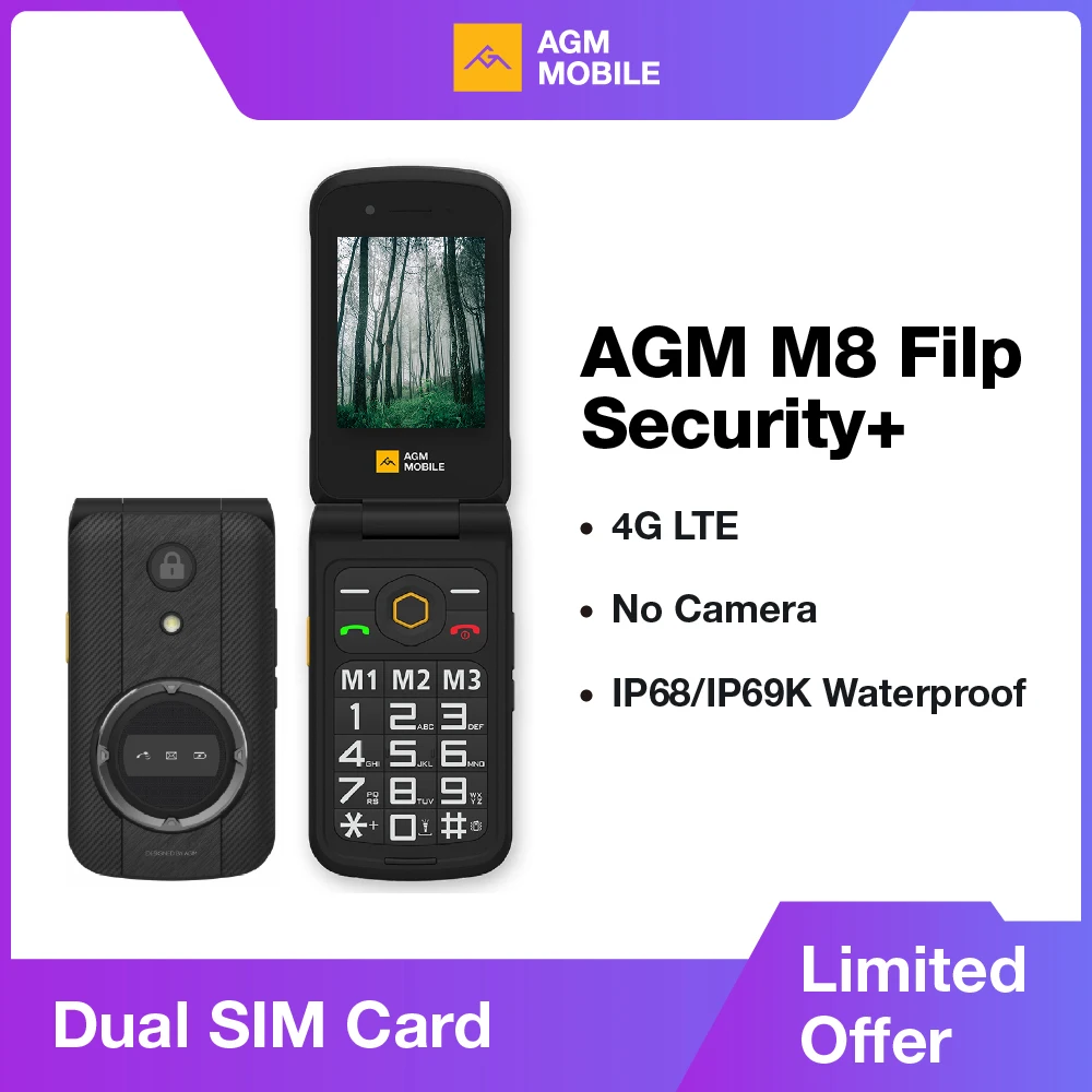 AGM M8 Security Rugged Flip Phone Senior Safe No Cam/Bluetooth WaterProof 2.8 QVGA 4G SOS Button 1500mAh Battery FM Radio
