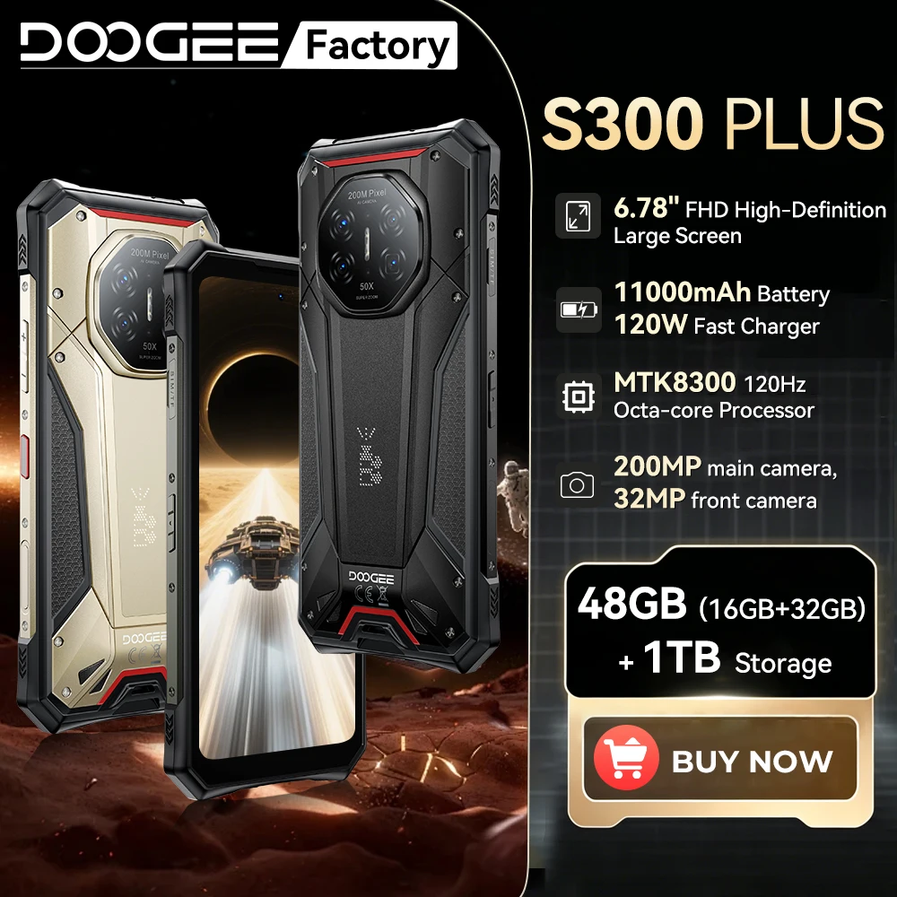Global version DOOGEE S300 Plus 5G Rugged Phone 6.78" Gemini AI LED Light Dimensity 8300 48GB+1TB 11000mAh Smartphone Android 16 Global version DOOGEE S300 Plus 5G Rugged Phone 6.78" Gemini AI LED Light Dimensity 8300 48GB+1TB 11000mAh Smartphone Android 16