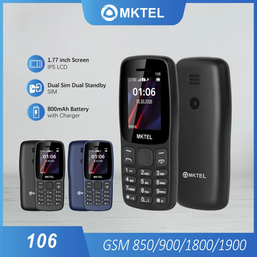 MKTEL 106 Black Phone, SC6533G, 1.77" Screen, 800mAh Battery, Quad Band, Speaker, Flashlight, with Box & Manual