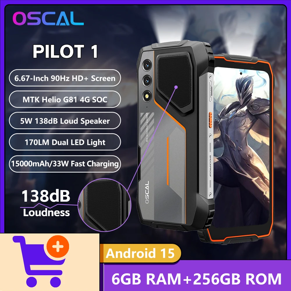 NEW OSCAL PILOT 1 5W 138dB Loud Speaker 15000mAh Battery 33W Fast Charging MTK Helio G81 4G 6.67-Inch 90Hz Display Android 15