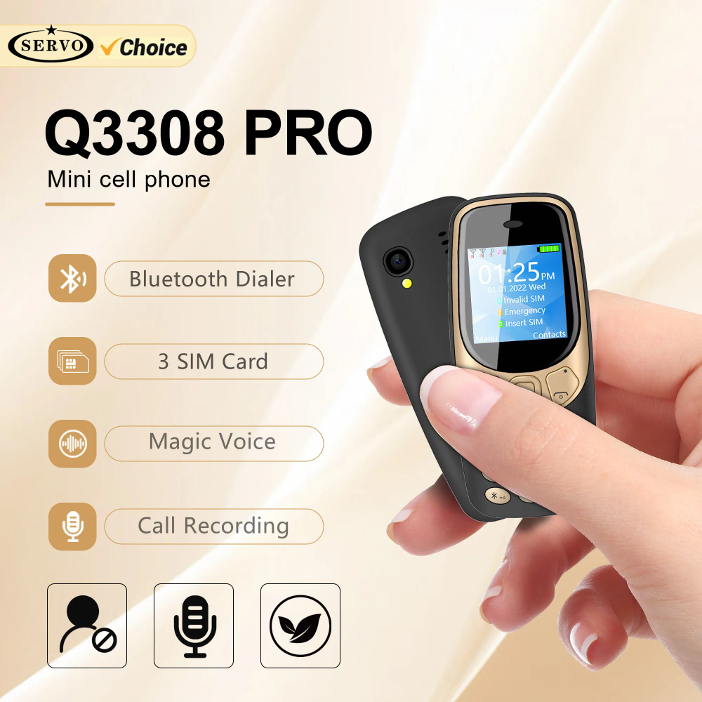 SERVO Q3308 PRO 3 SIM Standby Mini Mobile Phone Speed Dial Bluetooth Dialer Magic Voice FM Radio Flashlight Small Tiny Cellphone