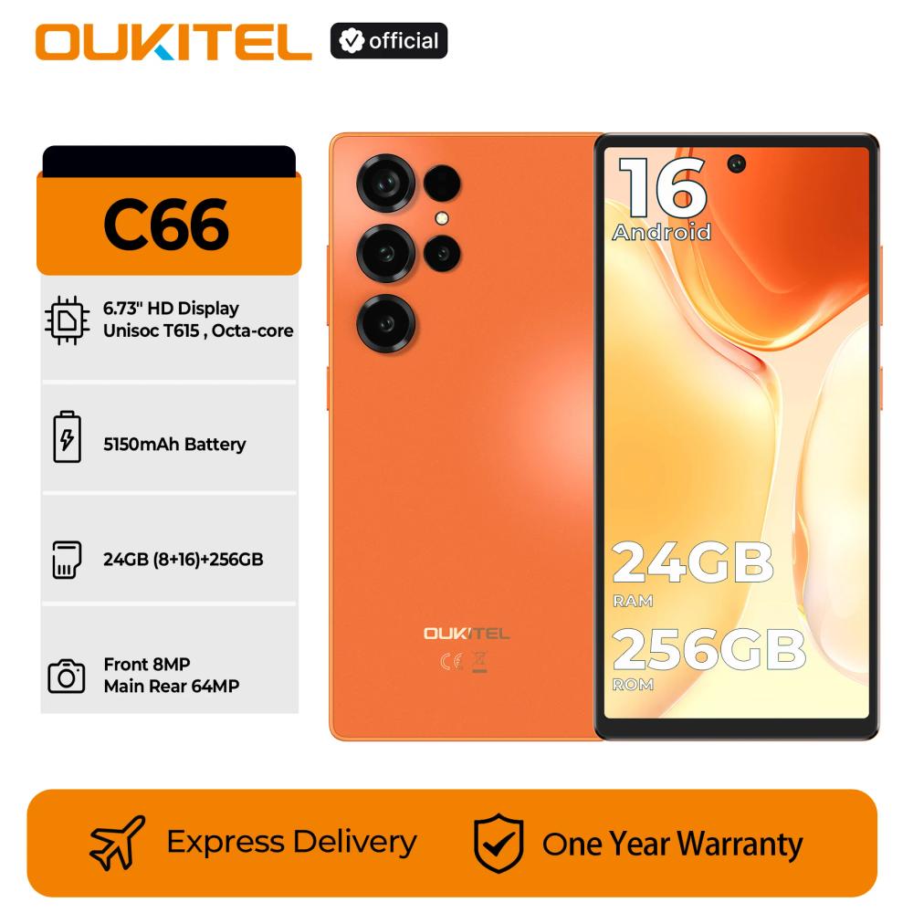 OUKITEL C66 Smartphone Android 16 Phone, 6.73 HD+ 24GB(8+16)+256GB, 5150mAh Dual 4G NFC Cellphone, 120Hz, 64MP Main Camera