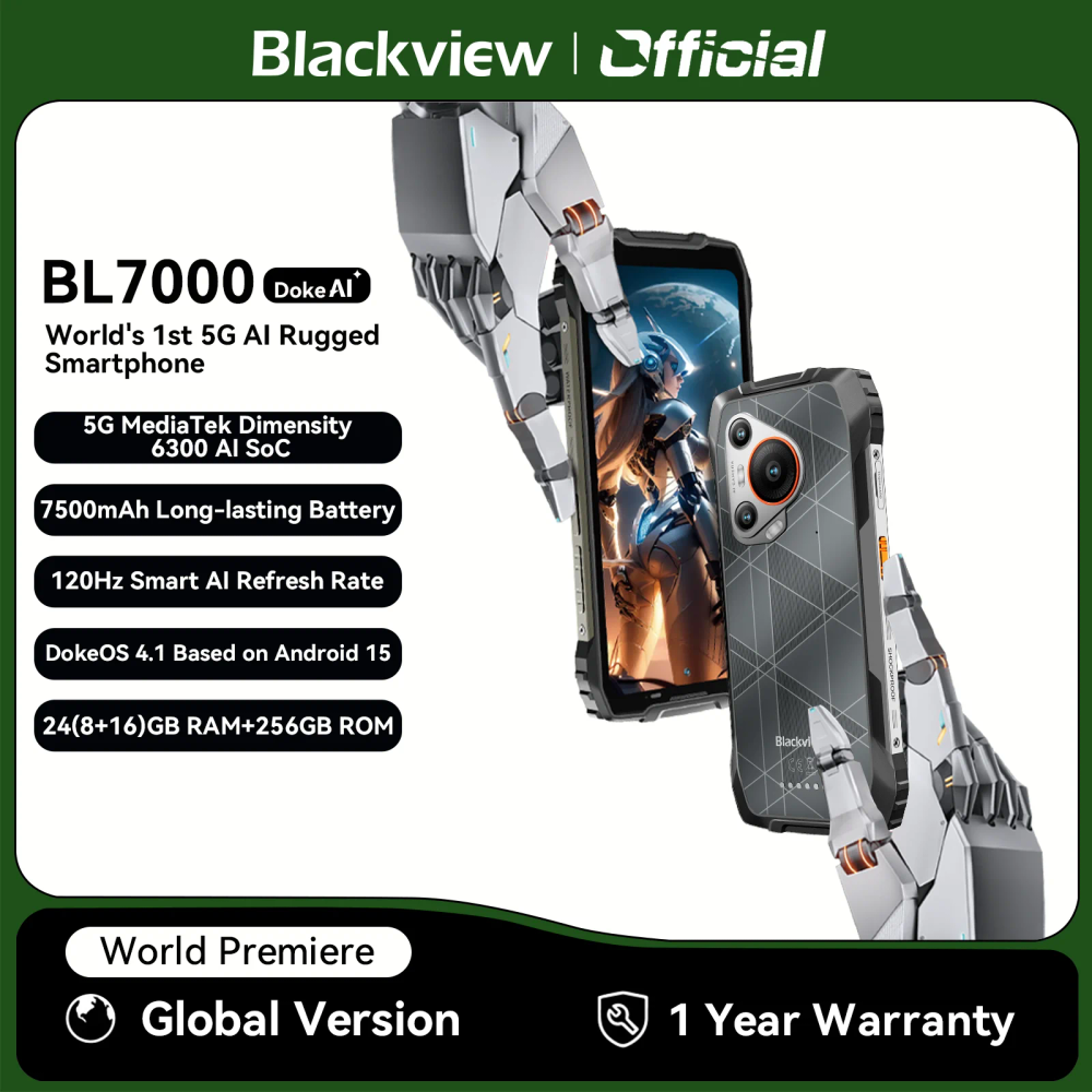 BLACKVIEW BL7000 5G AI Rugged Phone Deepseek GPT Android 15 Smartphone, 6.78" HD+2.4K Display 120Hz, 8GB RAM 256GB, 7500Amh