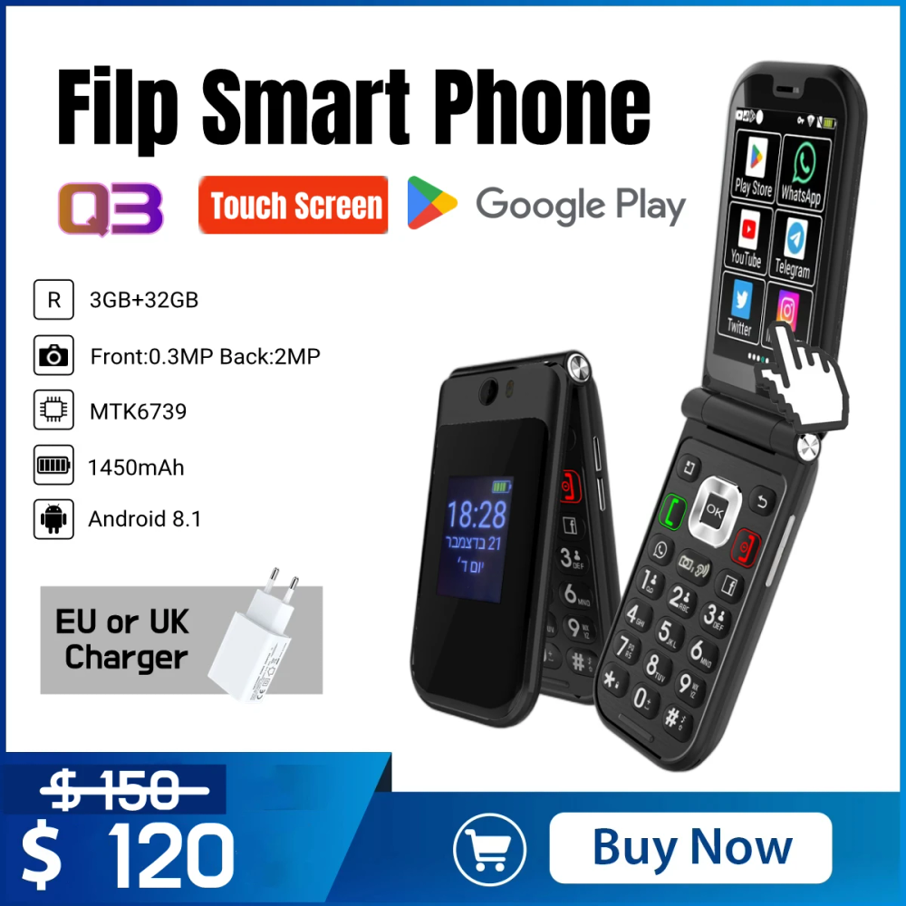 New Model Q3 4G Android 8 MTK 6739 Touch Screen 1450mAh Flip Smart Phone WiFi 2.8 Inch 3GB 32GB Version New Model Q3 4G Android 8 MTK 6739 Touch Screen 1450mAh Flip Smart Phone WiFi 2.8 Inch 3GB 32GB Version