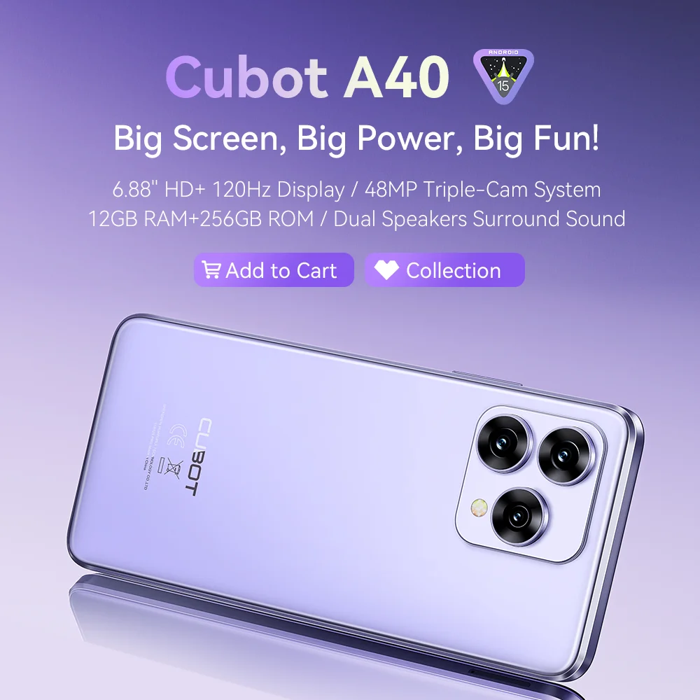 Cubot A40 Smartphone, Android 15, 12GB RAM+256GB ROM, 6.88-Inch 120Hz Screen,Octa-core, 48MP Camera, 5100mAh Battery,NFC,Face ID Cubot A40 Smartphone, Android 15, 12GB RAM+256GB ROM, 6.88-Inch 120Hz Screen,Octa-core, 48MP Camera, 5100mAh Battery,NFC,Face ID
