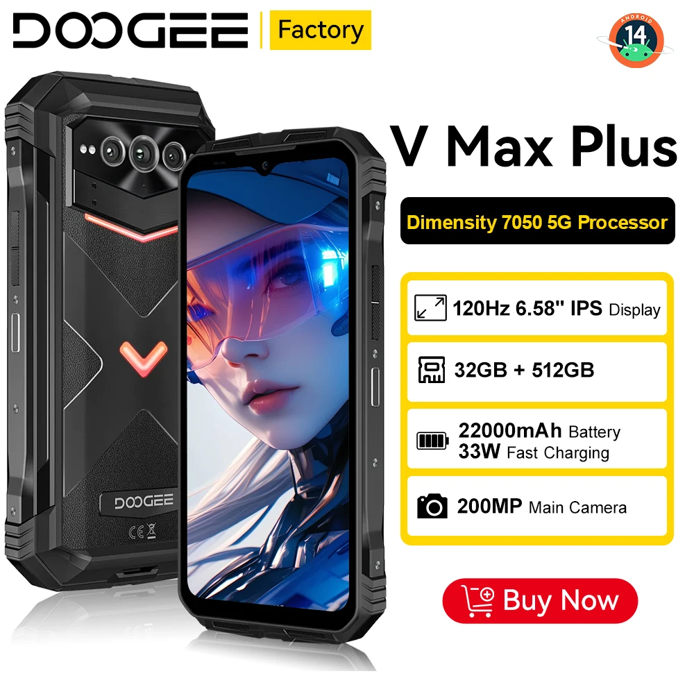 DOOGEE V Max Plus Rugged Phone 6.58" Display Dimensity 7050 Telephone Portable 36GB+512GB 22000mAh 200MP Smartphone Android 14 DOOGEE V Max Plus Rugged Phone 6.58" Display Dimensity 7050 Telephone Portable 36GB+512GB 22000mAh 200MP Smartphone Android 14