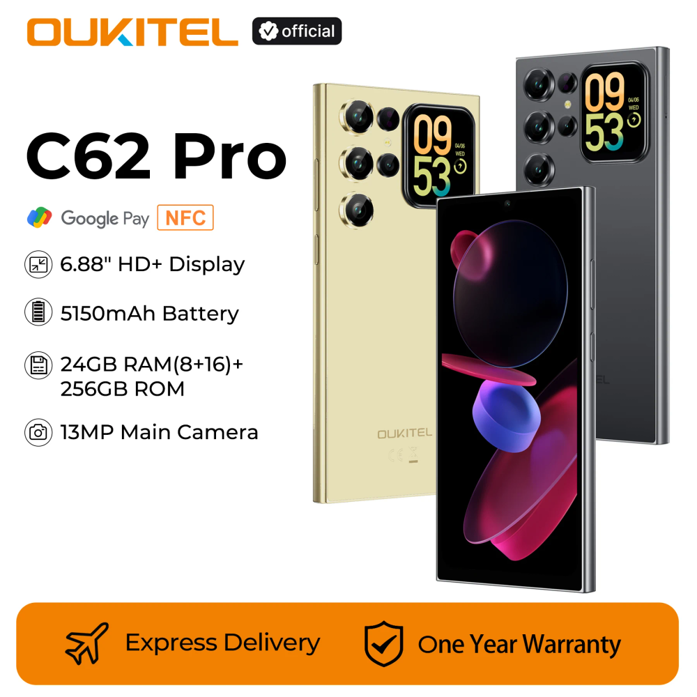 OUKITEL C62 Pro Smartphone Android 15, 6.88" HD+ Display Unisoc T615 Cell Phone, 24GB (8+16) + 256GB, 5150mAh Battery NFC Mobile
