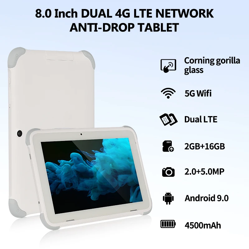 X8B 8inch Tablet Phone Anti-Shock Rugged Tablet PC 4G LTE Quad-core MT8735B Android 9.0 2GB+16GB 8.0" IPS Screen 5MP Camera
