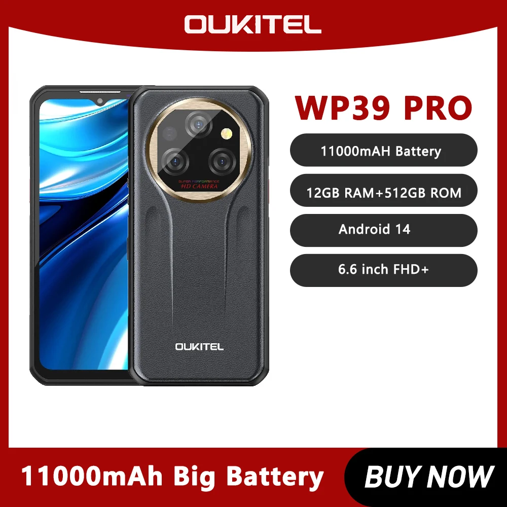 Oukitel WP39 PRO Rugged Smartphone Android 14,11000mAh,Dimensity 6300+ 5G,12GB+512GB,6.6"2.4K Screen,64MP Camera,NFC,Cell Phone Oukitel WP39 PRO Rugged Smartphone Android 14,11000mAh,Dimensity 6300+ 5G,12GB+512GB,6.6"2.4K Screen,64MP Camera,NFC,Cell Phone