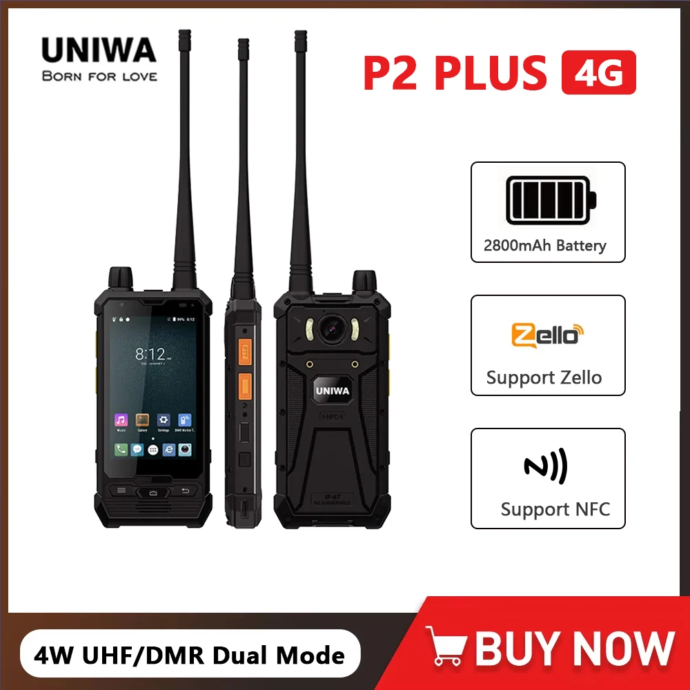 UNIWA P2 Plus IP67 Rugged Phone 4W DMR UHF Dual Mode Walkie Talkie Zello 4 Inch 3GB RAM+32GB ROM M6 Port Support PoC Apps NFC