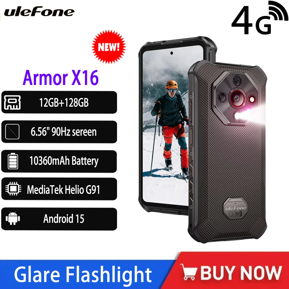 Ulefone Armor X16 4G Rugged 10360mAh Up To 12GB 128 GB 120Hz 6.56" NFC Android 15 Smartphone Night Camera Glare Flashlight Phone Ulefone Armor X16 4G Rugged 10360mAh Up To 12GB 128 GB 120Hz 6.56" NFC Android 15 Smartphone Night Camera Glare Flashlight Phone