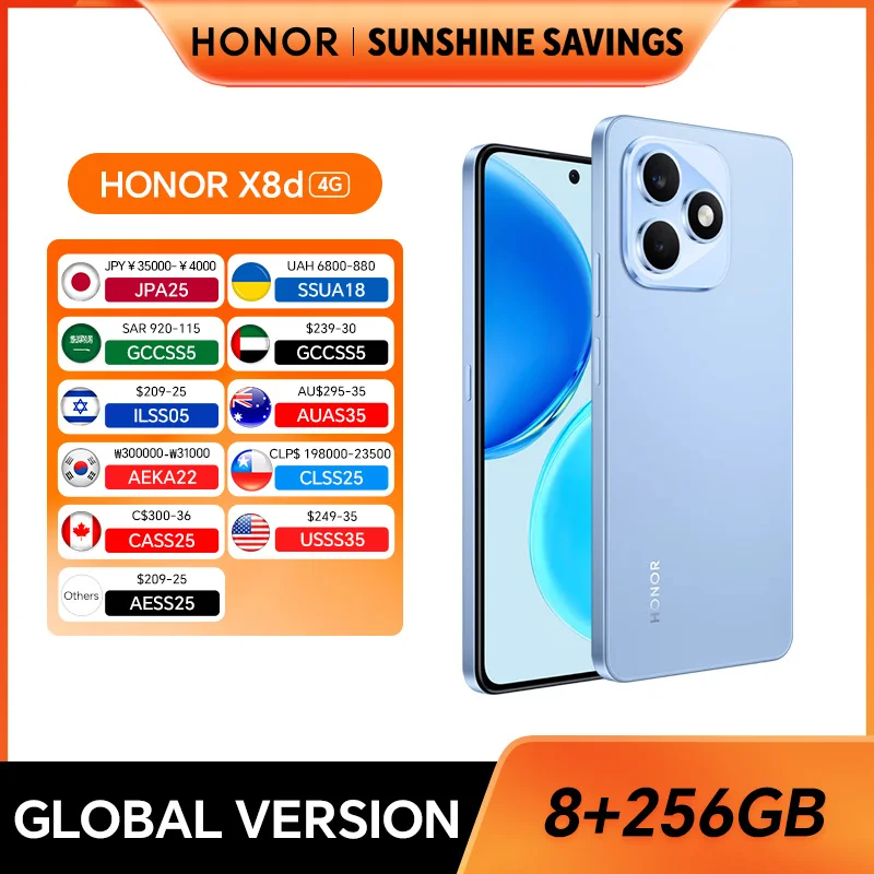 New HONOR X8d 8GB+256GB Global Version 4G Smartphone 108MP Main Camera 6800mAh 45W SuperCharge Dual SIM Android 16