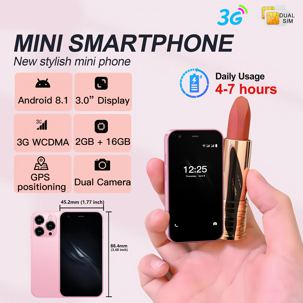 Mini smartphone, 3.0-inch display, 2GB+16GB, WLAN-GPS, Play Store, Android smartphone, dual-SIM dual-standby