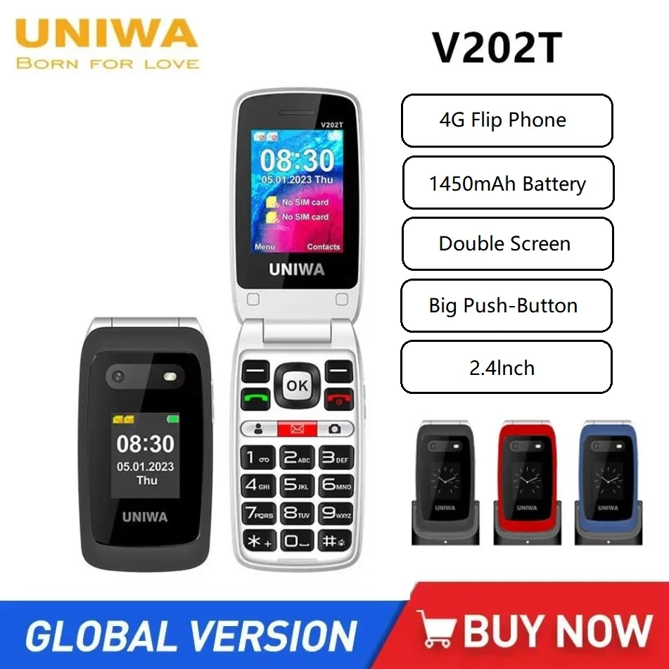 UNIWA V202T 4G Flip Phone Large Button for Elderly Mobile Phone 2.4Inch Screen 1450mAh With Emergency Call Button Global Version