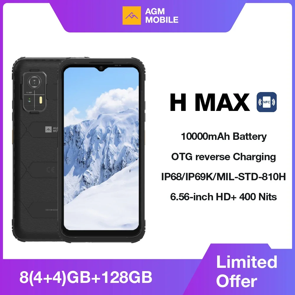 AGM H MAX Rugged Smartphone 10000mAh Battery 4+128GB HD+ Display 3 Card Slot NFC OTG Reverse Charge Waterproof AGM H MAX Rugged Smartphone 10000mAh Battery 4+128GB HD+ Display 3 Card Slot NFC OTG Reverse Charge Waterproof