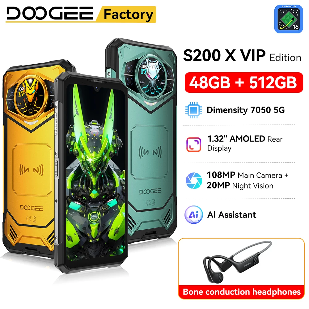 DOOGEE S200 X VIP Edition Rugged Smartphon 5G 6.72 FHD+ 120Hz Dimensity 7050 Mobile Phone 48GB+512GB 10100mAh 100MP Android 16