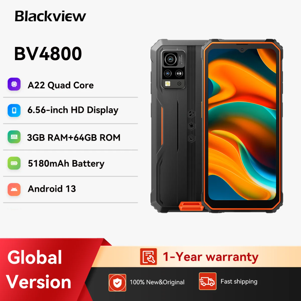 Blackview BV4800 Rugged Smartphone,6.56'' HD Display A22 Quad Core, 3GB 64GB, 5180mAh Battery, 13MP Camera, Android 13 Phone
