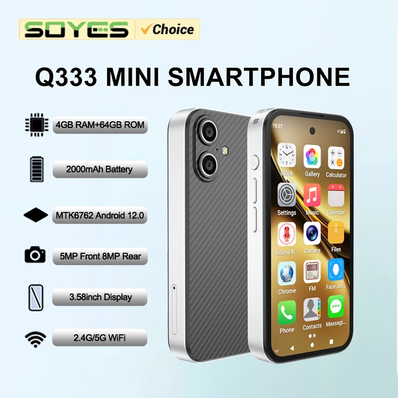 SOYES Q333 Mini Smartphone 4GB RAM 64GB ROM Android 12.0 MTK6762 8-core 2000mAh Face Unlock 4G LTE Dual SIM 3.58in Small Phone SOYES Q333 Mini Smartphone 4GB RAM 64GB ROM Android 12.0 MTK6762 8-core 2000mAh Face Unlock 4G LTE Dual SIM 3.58in Small Phone