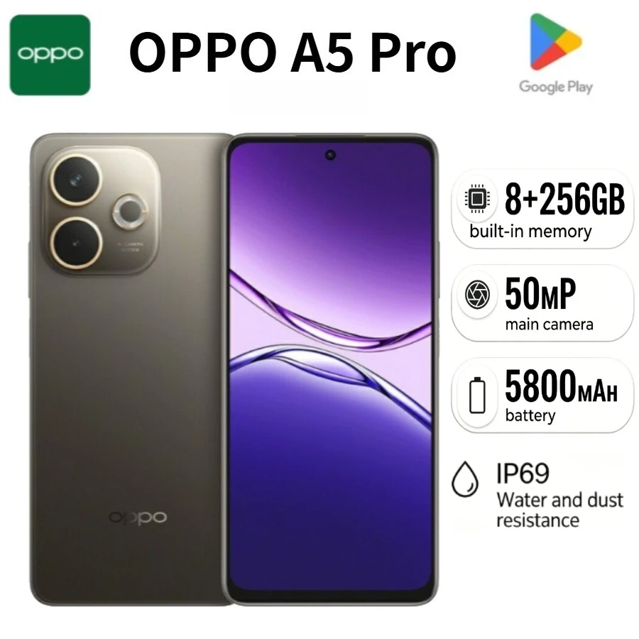 2026 New OPPO A5Pro Global Edition Smartphone 8GB RAM 256GB Storage 6.67' 120Hz Bright Display IP69 Waterproof 5800mAh Battery