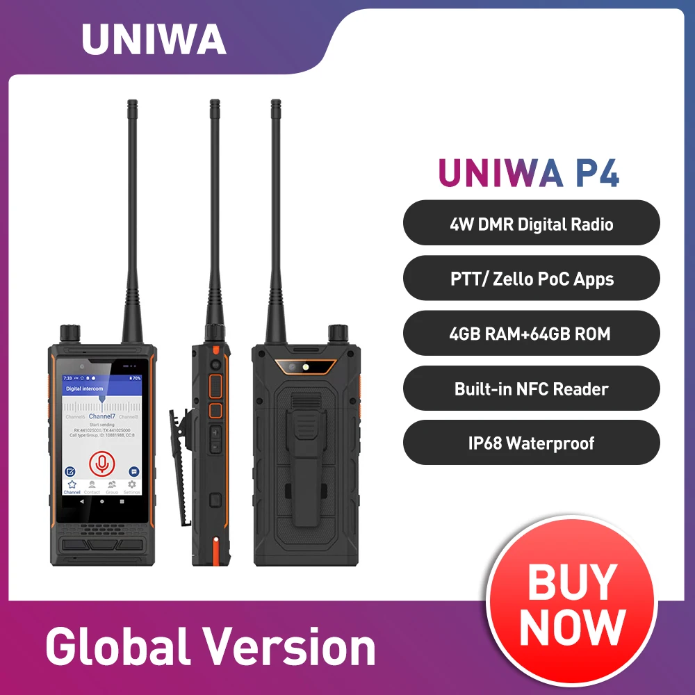 UNIWA P4 Smartphone 4W DMR Analog Walkie Talkie Android 9 MT6762 Octa Core Mobile Phone 4G 64G IP68 Waterproof Cellphone