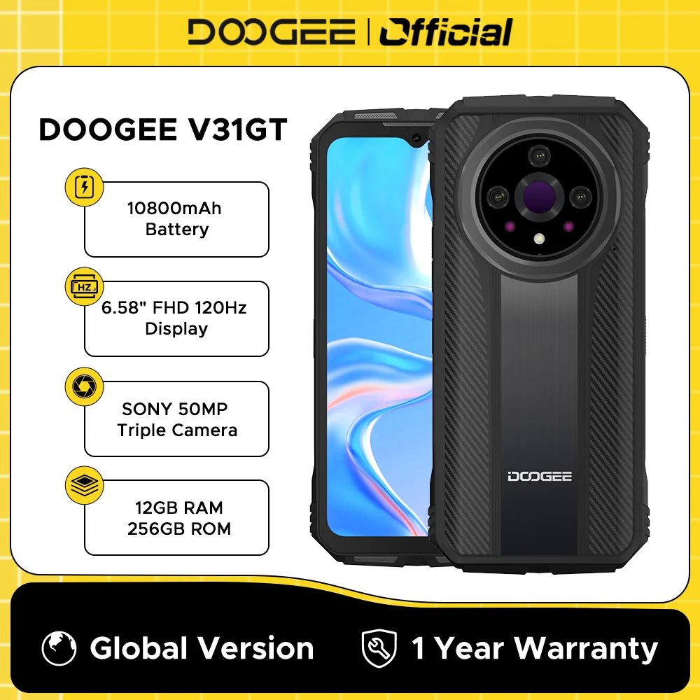 Clearance DOOGEE V31GT Rugged Phone 6.58" FHD 120Hz Display 5G Thermal Imaging Dimensity 1080 12GB RAM+256GB ROM 10800mAh