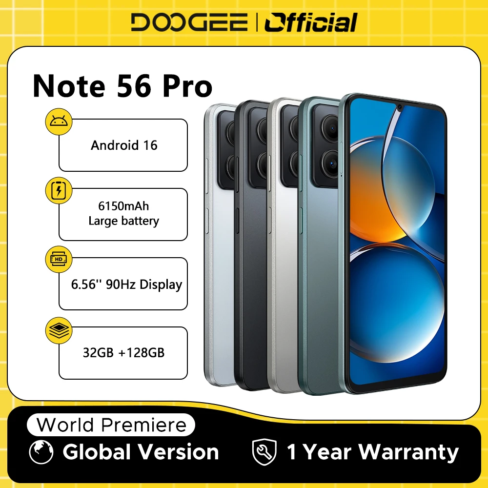 Global Version DOOGEE Note56 Pro Smart phone Android 16 6150mAh Battery 6.56'' 90Hz Screen 32GB 128GB Cell Phone NFC