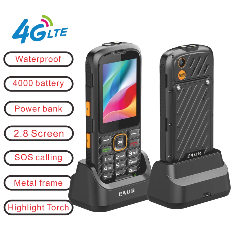 EAOR Charging Dock 4G Feature Keypad Waterproof IP68 Volume side key 3000mAh power bank WiFi hotspot SOS One Click Dialing phone