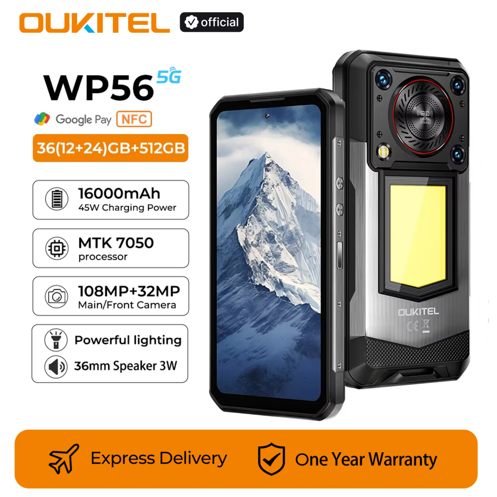 OUKITEL WP56 Rugged phone 16000mAh 45w 36GB+512GB 6.8FHD 120Hz cell phone MTK7050 32MP+108MP android 15 smartphone
