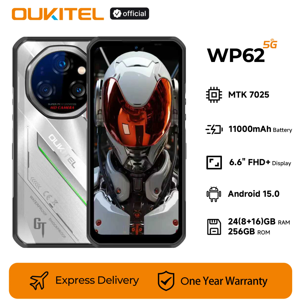 Oukitel WP62 11000mAh 5G Rugged Smartphone 24GB(8+16) +256GB ROM, 6.6" FHD+ 108MP Camera Mobile Phone Android 15 NFC Cellphone