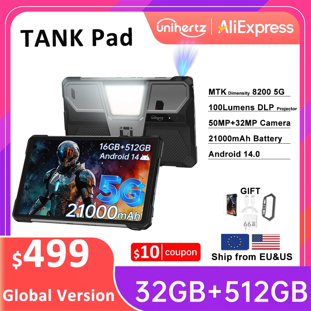 Unihertz Tank PAD by 8849 Rugged Projector Tablet 21000mAh 10.95" FHD Dimensity 8200 32GB+512GB Dual Speaker Tablet Phone Wifi