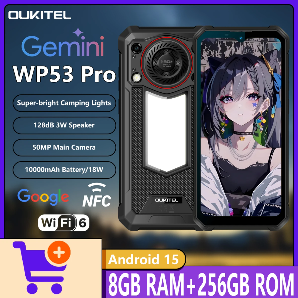 OUKITEL WP53 PRO 4G Rugged Phone 6.52" HD+ 3W 128dB Loudspeaker Camping Light 10600mAh Battery 8GB RAM+256GB ROM Android 15 NFC