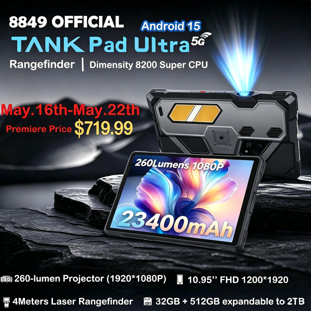 8849 Tank Pad Ultra Unihertz Rugged Tablet with Projector 260 Lumens 1080P 23400mAh 5G Android15 Wifi 6 32+512GB Dimensity 8200